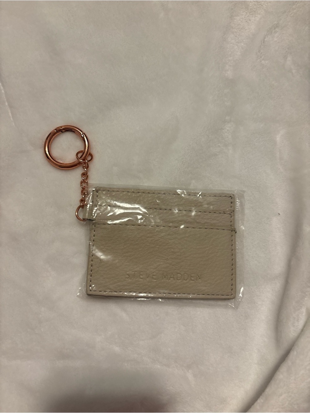 Steve Madden Cream Card Holder Keychain with Rose Gold Ring